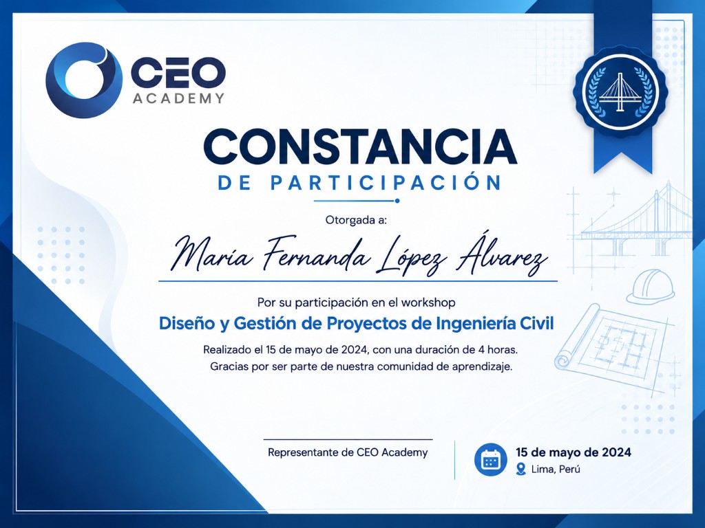 Ejemplo de constancia de participación CEO Academy para Conoce cómo aplicar técnicas de inteligencia artificial con Python para analizar datos de transformadores eléctricos, identificar patrones de falla y fortalecer la gestión de confiabilidad y mantenimi